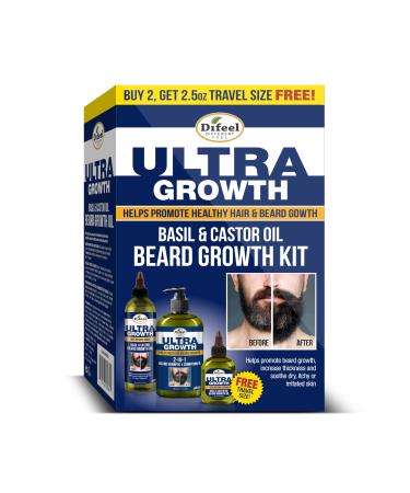 Difeel Men's Ultra Growth Beard Care 3-PC Gift Set for Men - Includes 2-in-1 Beard Shampoo & Conditioner 12oz Beard Growth Oil 8oz and Bonus Travel Size Beard Oil