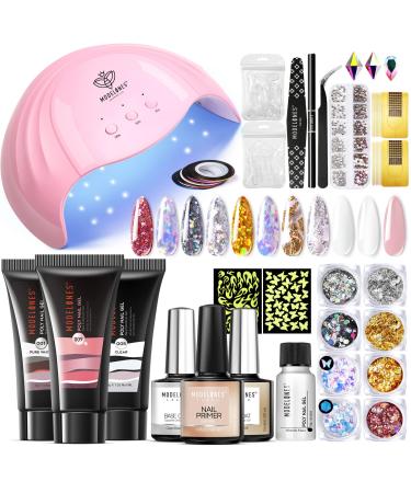 Modelones Poly Nail Gel Kit - Nail Extension Decoration Kit 30g Poly Extension Gel with 48W Nail Lamp Slip Solution Rhinestones Glitter Nail Technician All-in-One French Kit DIY Nail Art white