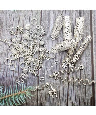 Dreadlocks Jewelry Set - 58 Pieces Pirate Beard Tube Beads, Swirl Filigree Cuff Rings, Hair Decoration - Silver Dread Locs Accessories - Buy Online on SooperMarket.com