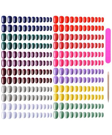 EBANKU 960 Pieces Colorful Short False Nails Round Artificial Fake Nails Full Cover Coffin Press on Nails Natural False Nails for Women Girls with 1pcs Nail File 1pcs Nail Stick