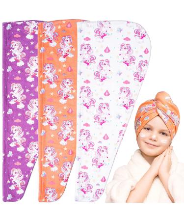 Meetrue hair turban for children girls 3 pieces microfiber towel hair with unicorn pattern hair turban microfiber fast dry towel hair with button super absorbent towels for wet hair 3 pieces (purple orange white) small (3-5 years)