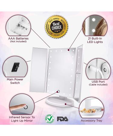 LED Lighted Vanity Mirror with 21 Lights, Trifold Design and Touch Screen Dimming - 11x7.1x1 inches, 2X/3X Magnification for Perfect Makeup - Buy Online on SooperMarket.com