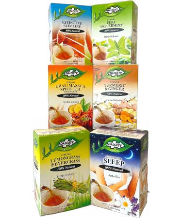 Dalgety Essential Wellness Herbal Infusion Tea Collection - 6 Flavours, 100% Natural & Caffeine Free (108 Teabags) - Slimline Peppermint, Lemongrass, Turmeric & Ginger, Chai Masala, Good Night Sleep - Buy Online on SooperMarket.com