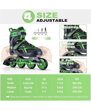 2PM SPORTS Torinx Adjustable Inline Skates | Fun Roller Blades for Kids | Beginner Roller Skates for Girls, Boys, Men, and Ladies | Green Large - Youth (4-7 US) - Buy Online on SooperMarket.com