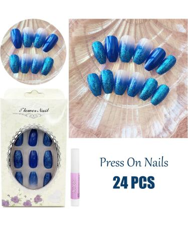 Luvadeyo 24 PCs Blue Gradient Coffin Press on Nails | Glitter Artificial False Nails for Women & Girls | Double-Sided Adhesive Tabs Included - Buy Online on SooperMarket.com