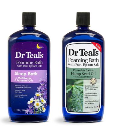 Dr. Teal's Foaming Bath Variety Gift Set (2 Pack 34oz Ea.) - Hemp Seed Oil with Essential Oil Blend Melatonin Nighttime Sleep Soak - Essential Oils Blended with Pure Epsom Salt Eases Pain & Stress