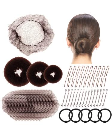 Hair Bun Net 68PCS Easy Hair Styling Tools- Include Ballet Hair Nets Hair Doughnut U Shaped Hair Pins Bobby Pins and Hair Bands Hair Bun Maker Brown Bun Rings for Women Girls Hair Accessories