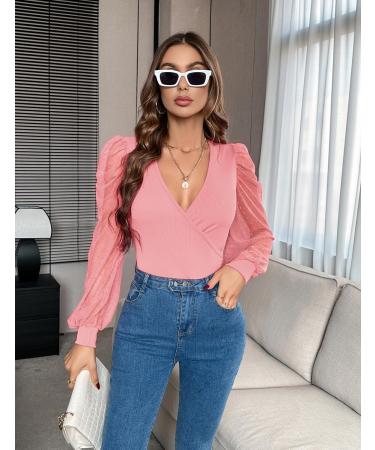 Fayenne Womens Tops Deep V Neck Cross Wrap Sexy Tops Polka Dot Mesh Long Sleeve T Shirt Casual Blouses S Deep Pink - Buy Online on SooperMarket.com