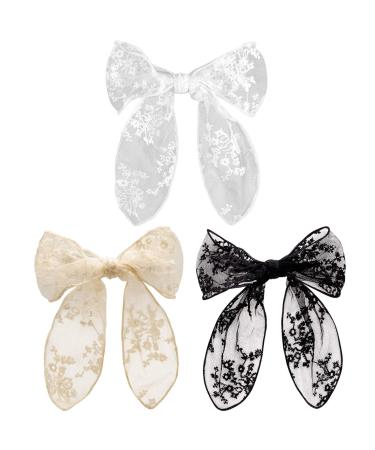 PAGOW 3PCS Lace Bow Hair Clips, Korean-Style Flower Hair-Bow Barrette Hair Accessories, Handmade Hair Decor For Women Girls (3 Colors: White, Black, Beige)
