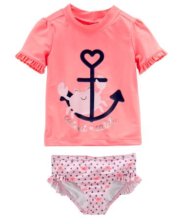 Simple Joys by Carter's Toddlers and Baby Girls' 2-Piece Assorted Rashguard Sets 5 Years Pink Anchor Print/Salmon Pink Crab