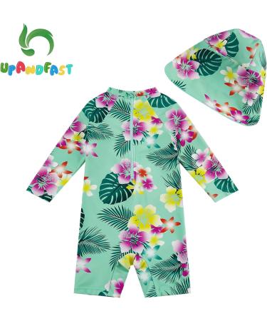 UPF 50+ Sun Protection Baby Girls Swimsuit with Snap Bottom | Green Flower | 18-24 Months - Buy Online on SooperMarket.com