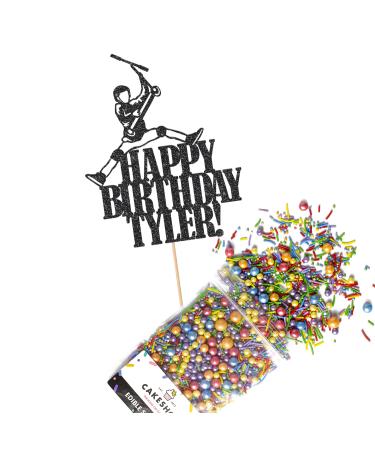 Cakeshop Cake Decoration Pack | Scooter Birthday Theme Premium Double Sided Glitter Card Cake Topper Sign & 25g Party Pack of Cake Sugar Sprinkles | Custom Name Cake Decorations (Black) Prime Glitter Card: Black