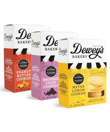 Dewey's Bakery Meyer Lemon, Brownie Crisp & Peanut Butter Moravian Style Thin Cookies Variety Pack | Baked in Small Batches | Real, Simple Ingredients | 9 oz (Pack of 3)