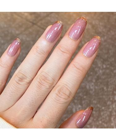 Novo Ovo Medium-Length Oval Almond Dark Pink & Gold Glitter French Tip Press-On Nails | Chrome Artificial Fingernails | Easy Sticking with Glue - Buy Online on SooperMarket.com