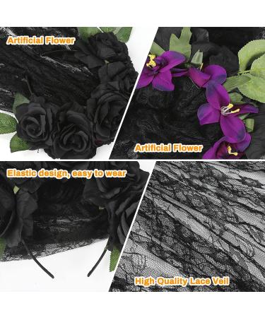 E-More Halloween Headband with Black Lace Veil Elastic Rose Flower Hair Band Black Roses Mesh Lace Hair Accessories Halloween Ghost Bride Party Headdress for Girls Ladies Women - Buy Online on SooperMarket.com