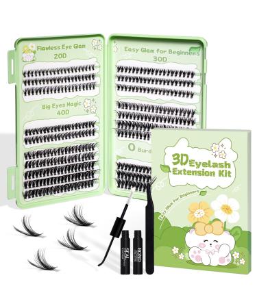 Lash Clusters 400Pcs DIY Lash Extension Kit D Curl 3D Eyelashes Clusters Lightweight & Superfine Band & Reusable Lash Lift Kit Wispy Lash Clusters Easy to Apply at Home (30D+40D) (Green)