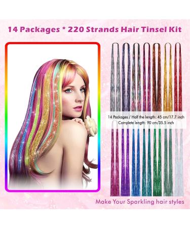 Huiguli 14 Colors 4200 Strands Hair Tinsel 35.5 Inches Hair Glitter Strands Shiny Colorful Straight Hair Extensions for Women Girls Party Cosplay Rainbow Hair Tinsel Kit (No Tools) 14 Colours - Buy Online on SooperMarket.com