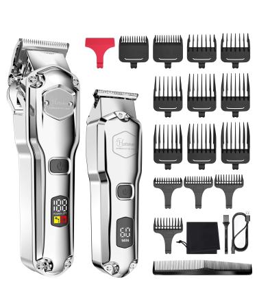 Hatteker Hair Clipper & Trimmer Set for Men IPX7 Waterproof Cordless Barber Clipper for Hair Cutting Kit with T-Blade Trimmer Beard Trimmer Kids Clipper Professional USB Rechargeable (Silver)