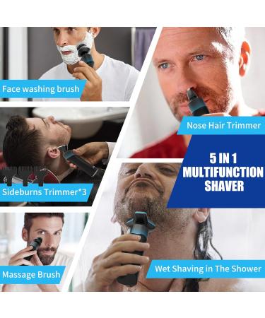 5-in-1 Electric Rotary Shaver for Men - IPX7 Waterproof, Rechargeable Cordless Razor for Shaving Beard, Body, and Pubic Hair - Blue - Buy Online on SooperMarket.com