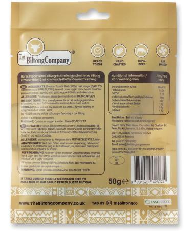 Garlic Pepper Sliced Biltong 5 x 50g (250g) Natural Spicy Beef Biltong by The Biltong Company High in Protein & Keto Diet-Approved Lean Biltong Spiced Meat Snack Like Jerky Garlic Pepper 50 g (Pack of 5) - Buy Online on SooperMarket.com