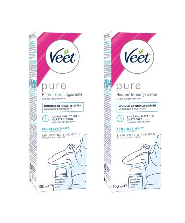 Veet pure hair removal cream - application for bikini & armpits - suitable for sensitive skin - 2 -pack (2 x 100 ml tube) with curved applicator and spatula 200 ml (1 Pack)