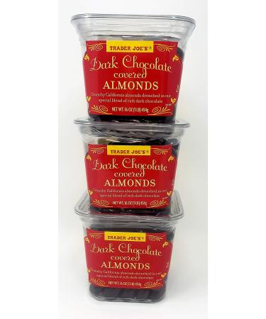 Trader Joes Dark Chocolate Covered Almonds - Pack of 3 Tubs - 16 oz per Tub Dark Chocolate 16.0 Ounce (Pack of 3)