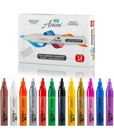 Paint Pens Acrylic Markers Set (12-Color) | For Rock Painting  Glass  Wood  Porcelain  Ceramic  Fabric  Paper  Kindness Rocks  Mugs  Calligraphy  Unique Arts and Crafts Supplies (Medium Point)