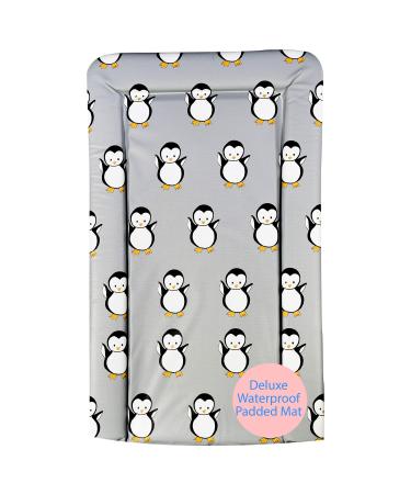 Callowesse Baby Changing Mat 79x47cm. Waterproof Wipe Clean Raised Edges Portable and Foldable Grey Penguin Design Penguins