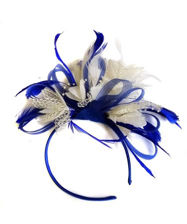 Caprilite Royal Blue and Cream Feather Hair Fascinator Headband Wedding and Royal Ascot Races Ladies