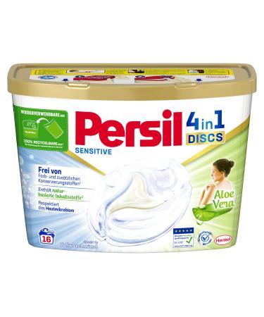 Persil Sensitive 4in1 Discs full detergent (16 wash loads) detergent for allergy sufferers & babies with soothing aloe vera for sensitive skin effectively from 20 C to 95 C 16 pieces (1 Pack)