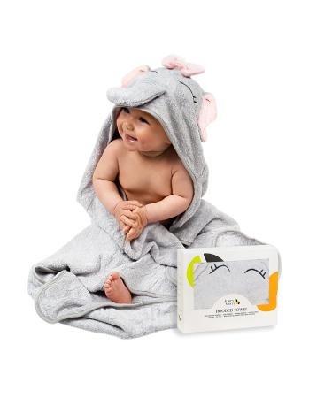 JM Organic Bamboo Hooded Baby Towel for Kids & Babies - 35"x35" Hypoallergenic Absorbent - Perfect Baby Gift Newborn Essentials with Washcloth & Laundry Bag - Pink Elephant