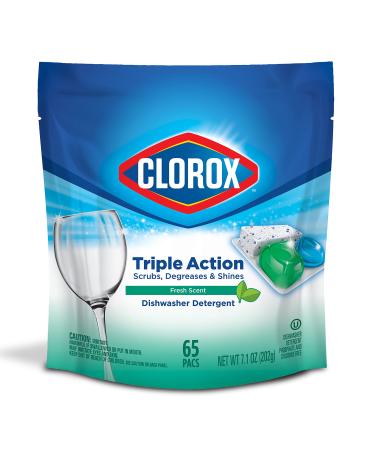 Clorox Triple Action Dishwasher Detergent Pacs, 65 Count Dishwashing Pacs, Fresh Scent Fresh 65 Count (Pack of 1)