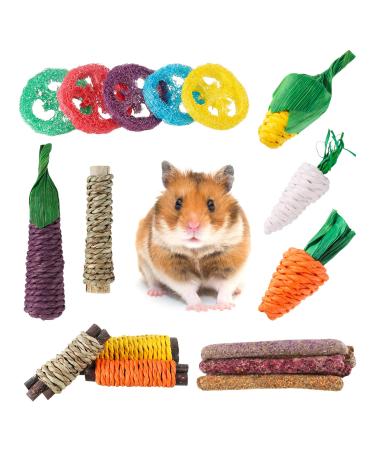 Fanshiontide 19 In 1 Bunny Chew Toys for Teeth Rabbit Chew Toys Timothy Hay Sticks Rabbit Toys Treats for Bunny Loofah Wood Grass Carrots Corn Chew Toys for Rabbit Guinea Pig Hamster Chinchilla