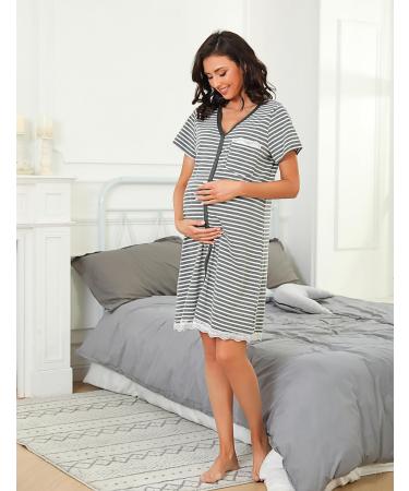 Uniexcosm Maternity Nursing Nightdress Short Sleeve Button Down Grey Stripe Sleepwear - Buy Online on SooperMarket.com