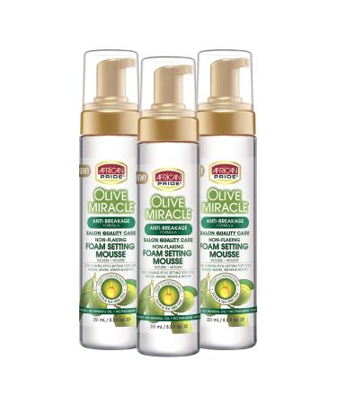 African Pride Olive Miracle Non-Flaking Foam Setting Hair Mousse (3 Pack) Long-Lasting Frizz & Shine Control for Curls Braids Weaves Wigs Waves & Wraps 8.5 oz