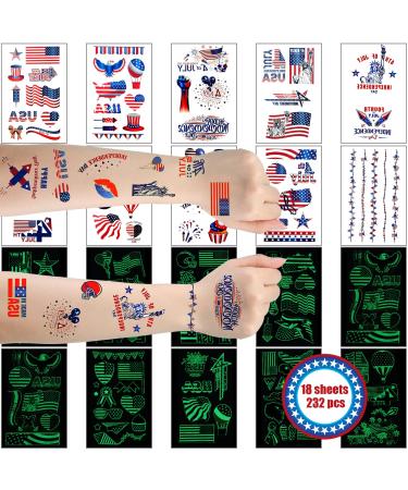 60 Sheets 4th of July Temporary Tattoo Glow in the Dark Patriotic Temporary Tattoos American Flag Labor Day Red White and Blue Design USA Stickers Independence Day Tattoos for Labor Day Memorial Day