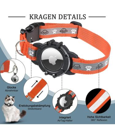 Reflective Airtag Cat Neck Band - Jiarui GPS Collar for Cats & Puppies 9-13 inch - Adjustable with Bell - Orange - Buy Online on SooperMarket.com