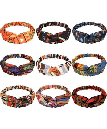 9 Pieces African Headbands Boho Print Headband Turban Twist Knot Elastic Hair Bands Wide Headwrap Vintage Headband Workout Yoga Sports Hair Accessories for Women Girls
