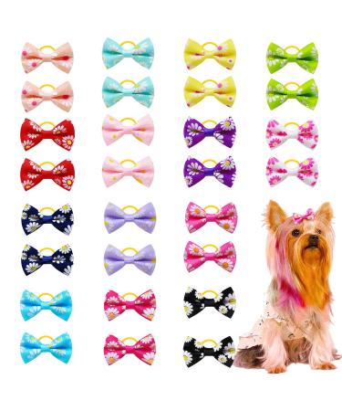 Symphonyw Dog Hair Bows 28 Pcs Daisy Flower Dog Hair Bows with Elastic Rubber Bands Pet Dog Grooming Hair Bands Hair Accessories for Long Hair Puppy Kitten Dogs Cats Random Color Multi-colored B