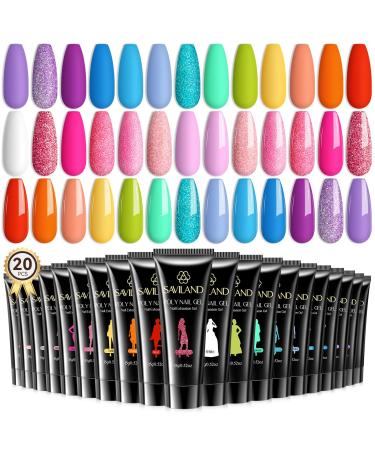 Saviland Poly GEL Nail Colors:20 Colors Nail Extension Gel Kit Bright Rainbow Pink Purple Blue Color Collection Poly Gel Nail Kit for Daily Nail Art DIY Nail Salon Gift for Girls