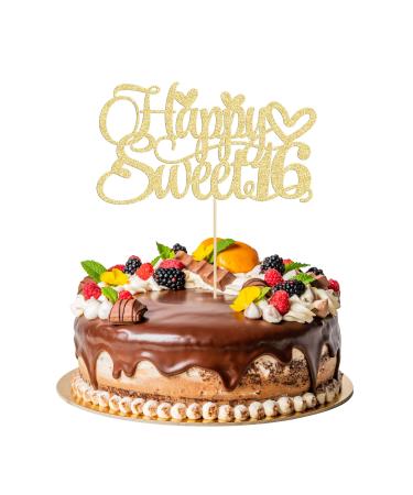 1Pc Happy Sweet 16 Cake Topper Glitter 16th Birthday Cake Pick for Cheers to 16 Years Old 16th Birthday Party Cake Decorations Supplies Gold Gold 2