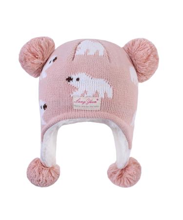 LANGZHEN Toddler Kids Infant Winter Hat Earflap Knit Warm Cap Fleece Lined Beanie for Baby Boys Girls 6-12 Months Polar Bear - Pink