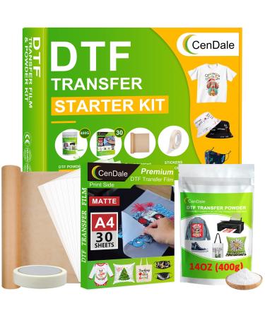 CenDale DTF Transfer Film and Powder Kit - 30 Sheets A4 DTF Film for Sublimation  14oz White Medium DTF Powder  Direct-to-Film Transfer for Any Fabric  DTF Starter Kit for DTF & Sublimation Printer