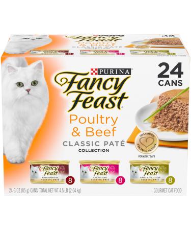 Purina Fancy Feast Grain Free Pate Wet Cat Food Variety Pack Poultry & Beef Collection - (24) 3 oz. Cans