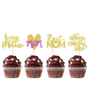 Blumomon 36 Pack Glitzer Happy Mother Day Cupcake Topper Mom Cupcake Picks Kuche Department Party accessories for Mother's Day Party Cupcake Decorations Gold