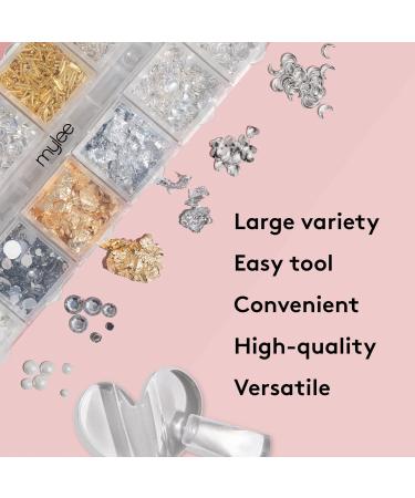 Mylee Crown Jewels Nail Art Kit 12-Piece Set + 5 in 1 Clear Builder Gel Silver & Gold Decorations Metal Rhinestones Studs for Gel Acrylic & Natural Nails Curving Tool Professional & Beginner - Buy Online on SooperMarket.com