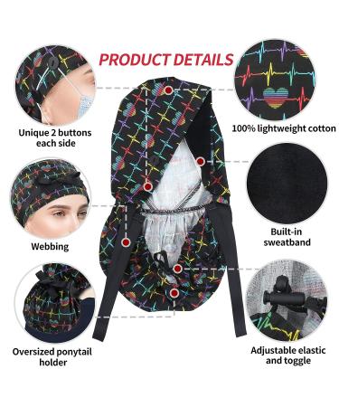 ABAMERICA Women's Surgical Scrub Cap with Ponytail Holder Personalized Nurse Hat for Long Hair | D02 Heart Beating Design - Buy Online on SooperMarket.com