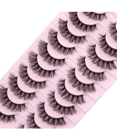 wiwoseo Eyelashes Cat Eyes Lashes D Curly Lashes Strip Russian Volume Natural Wispy Fluffy Curly Full of Volume Faux Mink Lashes 17MM False Eyelashes 10 Pairs Pack