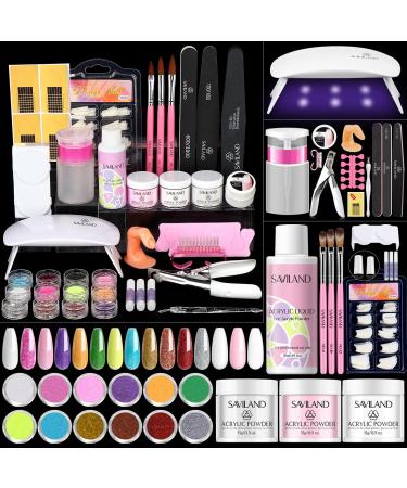 Saviland Acrylic Nail Kit for Beginners Practice: Keratin Acrylic Powder Castor Oil Vitamin E Pure EMA Monomer Liquid Brush Clippers Nail Lamp Complete Tools Everything 100 Nail Tips Home Starters