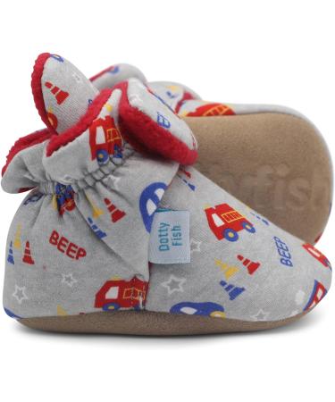 Dotty Fish Baby Booties | Fleece-Lined | Non-Slip Sole | Grey Trains & Cars | 0-6 Months - Buy Online on SooperMarket.com